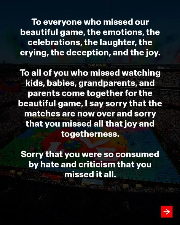 Carta de Gianni Infantino en su perfil de Instagram 